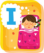 Illustration of girl dreaming about letter I in bed