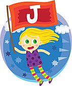 Illustration of girl flying while holding flag with letter J