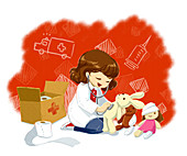 Illustration of girl in lab coat examining teddy bear