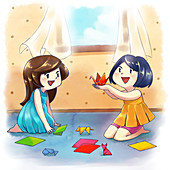 Illustration of girls making origami