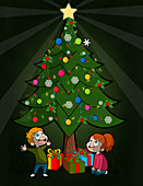 Illustration of happy children looking at Christmas tree
