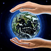 Illustration of human hands protecting globe
