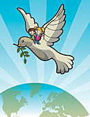 Illustration of kids on dove over earth