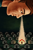 Illustration of man keeping an eye on house