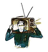 Illustration of man with head in television