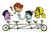 Illustration of people with tandem bicycle