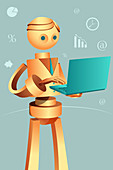 Illustration of robotic businessman using laptop