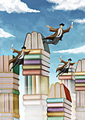 Illustration of stacked books and flying students