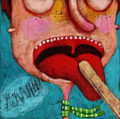 Illustration of tongue depressor on boy's tongue