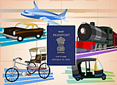 Illustration of transportation with a passport, India