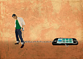 Illustration of young man chained to a mobile phone