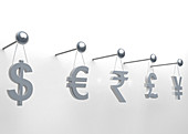 International currencies hanging on nail, illustration