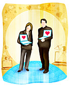Man and a woman standing with laptops, illustration