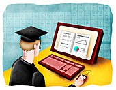 Man taking online exam, illustration