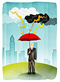 Man holding umbrella in storm, illustration
