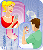 Man video chatting through mobile phone, illustration