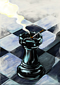 Rook used as an ash tray a chess board, illustration