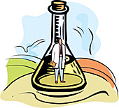 Scientist genie in a conical flask, illustration