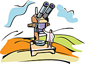 Scientist standing with a microscope, illustration