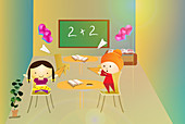 Students having fun in a classroom, illustration