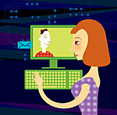 Woman chatting online with a man, illustration