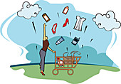 Woman tossing her shopping products, illustration