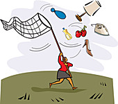 Woman using butterfly net to catch shopping, illustration