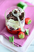 A vanilla ice cream sundae with strawberry purée and chocolate