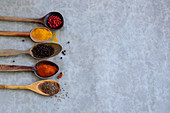 Various spices on wooden spoons