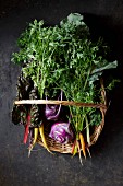 Fresh vegetables in a basket, including swiss chard, carrots and Kohlrabi