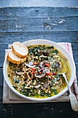 Spelt and mushroom soup with chard and chilli
