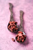 Dried goji berries on two spoons