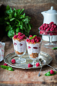 Chia pudding with raspberries and granola, served in glasses on a silver tray