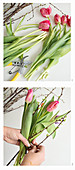 Steps für einen Frühlingsstrauß mit Tulpen und Zweigen