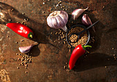 Ingredients for steak spice (chilli peppers, mustard seeds, garlic)