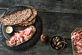 Hearty bread with air-dried salami and olives
