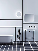 Black and white bathroom with graphic elements
