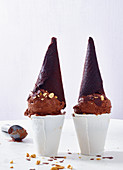 Chocolate ice cream with chocolate cones on the top