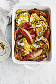 Cabbage bake with sausage, apple and créme fraîche with dill