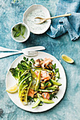 Salmon, charred cos and potato salad