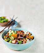 Chinese style eggplant ragout on rice