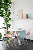 Trailing devil's ivy in front of round dining table with pastel chairs