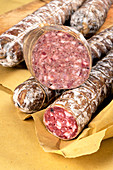 Cooked and raw salami from Italy