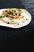 Thunfischsteak mit weißem Bohnenpüree und Johannisbeer-Pinienkern-Salat