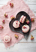 Raspberry macarons with dried rose petals