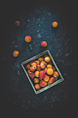 Apricots in a wooden crate