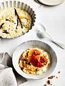 Rice pudding with honey, saffron, sesame brittle and citrus salad
