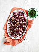 Rice salad with red cabbage, beetroot, aubergines and walnuts