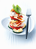 Monkfish and pasta tower with tomato butter