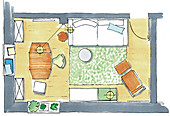 A floor plan of a living room with a desk